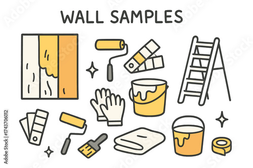 Paint Supplies Illustration. Wall Samples. Hand-drawn doodle illustration painted wall panel (colored), ladder, roller (colored), swatch card, paint bucket