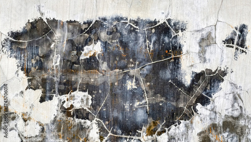 Close-up of a weathered wall with peeling paint, revealing dark patches and i...