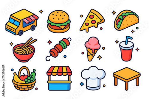 Colorful Food Icons. Food Festival. Colorful isometric vector icons set of food festival: food truck, burger, pizza slice, taco, noodles, skewer, ice cream,
