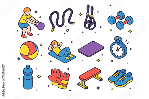 Functional Fitness Icons. Functional fitness. Colorful isometric vector icons set of functional fitness: kettlebell swing, battle ropes, suspension trainer,