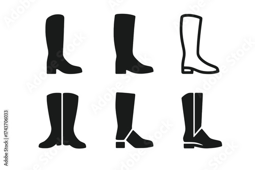 Boots Logo Variations. Boots. Set Logo of Boots: tall riding boots. harmonious logo variations of the same emblematic concept, each with different artistic