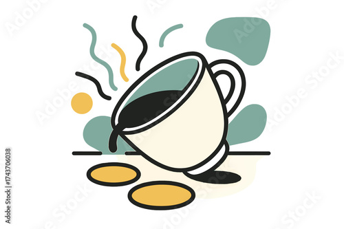 Morning Coffee Vibrance. Morning Mess. A tilted glowing coffee cup leaving circular stains on a surface, floating abstract lines symbolizing energy. Modern