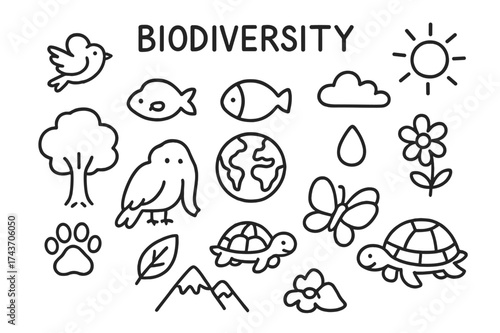 Biodiversity Doodle Icons. Biodiversity. Hand-drawn doodle illustration biodiversity elephant, fish, bird, turtle, butterfly, paw print, tree, leaf, flower,