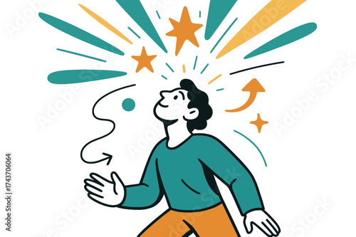 Hopeful Starlit Gaze. Person looking up. A figure standing with head tilted upward, glowing stars and abstract rays shining above. Hopeful energy fills the