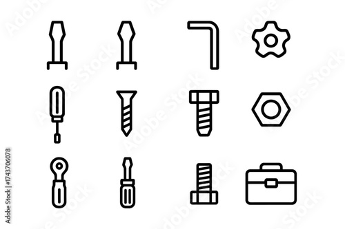 Screwdriver Icon Set. Screwdriver types. Line icon set of screwdriver types: flathead tip, phillips tip, hex key, torx, handle, screw, bolt, nut, ratchet