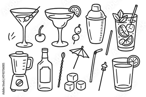 Cocktails Doodle Icons. Cocktails. Hand-drawn doodle illustration cocktails martini glass, margarita glass, shaker, straw, umbrella, lemon slice, olives, ice