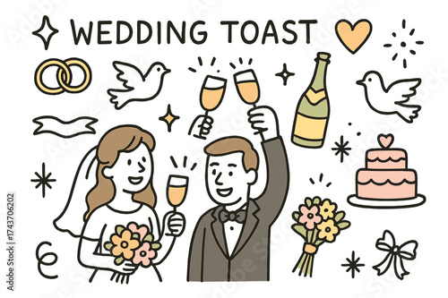 Whimsical Wedding Celebration. Wedding Toast. Hand-drawn doodle illustration bride and groom (colored), wedding rings, champagne bottle (colored), glasses