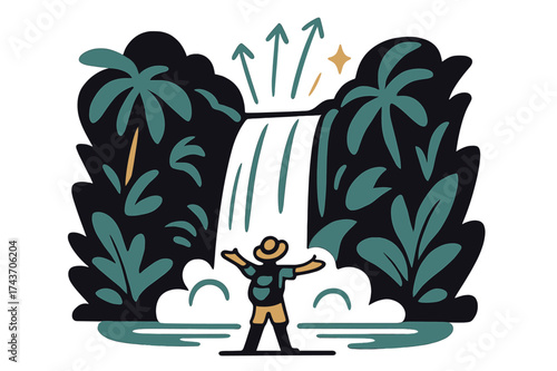 Jungle Waterfall Wanderlust. Explorer?s view. A small figure stands near the base of a massive jungle waterfall, arms wide in awe. Abstract arrows and spark