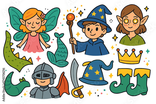 Fantasy Costume Icons. Fantasy costumes. Colorful Hand-drawn doodle Children illustration Fairy wings, wizard staff, dragon tail, mermaid tail, knight armor,