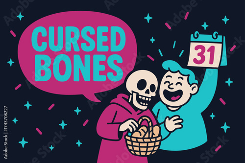 Cursed Bones Banner. Cursed Bones banner, flat vector illustration, bold oversized text inside rounded blob, cartoon characters standing and laughing, holding