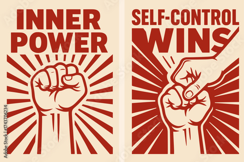 Inner Strength Banners. Strength. Two vertical A6 banners with safe margins, centered composition, no elements touching edges, bold style, red and beige,