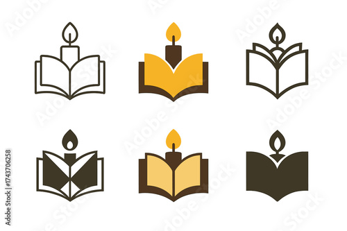 Cozy Reading Logos. Reading by candlelight. Set Logo of Cozy reading: evening reading setup. harmonious logo variations of the same emblematic concept, each