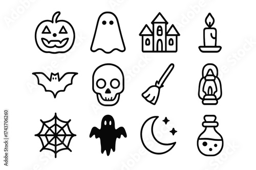 Night Fright Icons. Night fright. Line icon set of Night fright: jack-o?-lantern, ghost, haunted house, candle, bat, skull, broomstick, lantern, cobweb, shadow