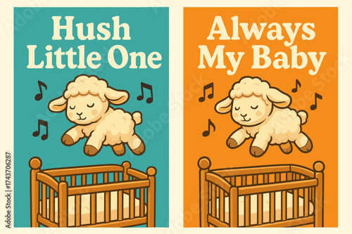 Musical Lullaby Banners. Lullaby. Two vertical A6 banners, cartoon, turquoise and orange backgrounds, musical notes and a plush lamb drifting above a crib,