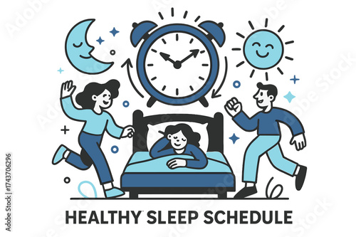 Balanced Sleep Routine. Healthy sleep schedule. Clock glowing above bed with arrows pointing to consistent