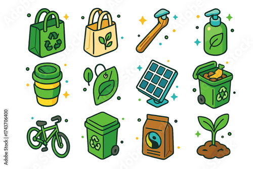 Eco-Friendly Icons. Green Shopping. Colorful isometric vector icons set of green shopping: cloth shopping bag, reusable bag, bamboo toothbrush, refill bottle,