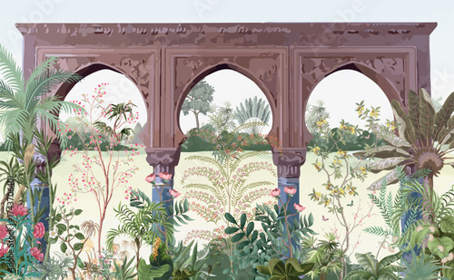 Traditional Mughal Garden Illustration with Mughal Arch, Mughal Wallpaper, Indian Wedding wallpaper mural Design, Watercolor Background.