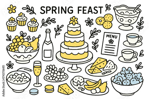 Spring Feast Delights. Spring feast. Hand-drawn doodle illustration spring feast wedding cake (accented), cupcakes (accented), fruit platter (accented),