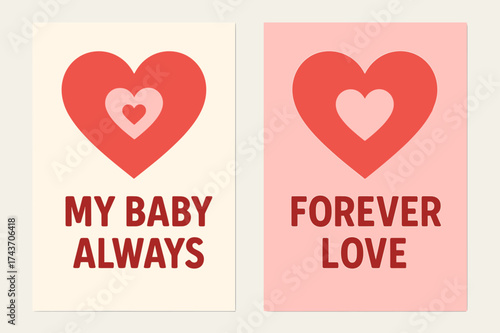 Pastel Heart Banners. Romance. Two vertical A6 banners with safe margins, centered composition, no elements touching edges, flat vector design, pastel pink and