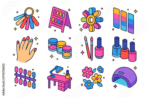 Colorful Nail Art Icons. Nail art display. Colorful isometric vector icons set of nail art display: nail swatch board, display stand, nail palette, gradient