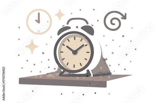 Time's Dusty Dance. Dust and time. Shelf glowing faintly with clock resting untouched, surrounded by dust motes. Floating icons of clock, sparkle, and swirl