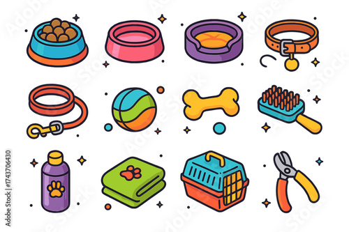 Colorful Pet Care Icons. Pet Care. Colorful isometric vector icons set of pet care: food bowl, water bowl, pet bed, collar, leash, toy ball, bone, grooming