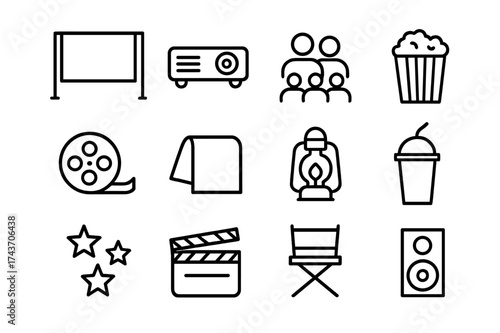 Community Cinema Icons. Community cinema. Line icon set of Community cinema: outdoor screen, projector, audience, popcorn, film reel, blanket, lantern, soda