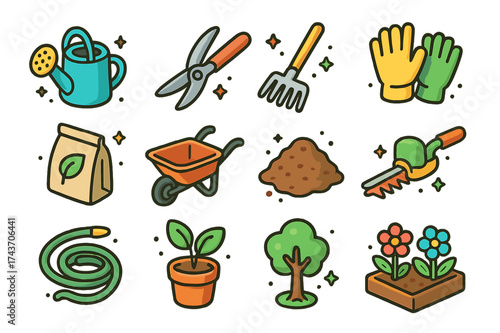 Colorful Garden Tools Icons. Plant maintenance. Colorful isometric vector icons set of plant maintenance: watering can, pruning shears, rake, gloves,