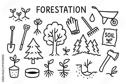 Forestation Icons Collection. Forestation. Hand-drawn doodle illustration Forestation pine tree, oak tree, seedlings, shovel, rake, wheelbarrow, water droplet,