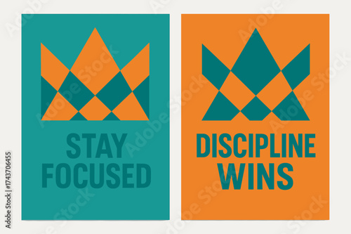 Geometric Motivation Banners. Determination. Two vertical A6 banners with safe margins, centered composition, no elements touching edges, geometric style,