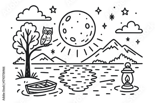 Moonlit Doodle Scene. Moonlight Reflection. Hand-drawn doodle illustration moonlight reflection full moon, water surface, ripples, stars, cloud, tree