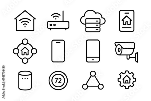 Smart Home Icons. Smart home network. Line icon set of Smart home network: Wi-Fi hub, router, cloud server, app interface, connected devices, smartphone,