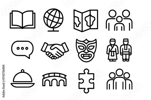 Global Learning Icons. Global learning. Line outline icon set of global learning: book, globe, map, family,