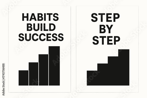 Stepwise Success Banners. Motivation. Two vertical A6 banners with safe margins, centered composition, no elements touching edges, flat vector design, black