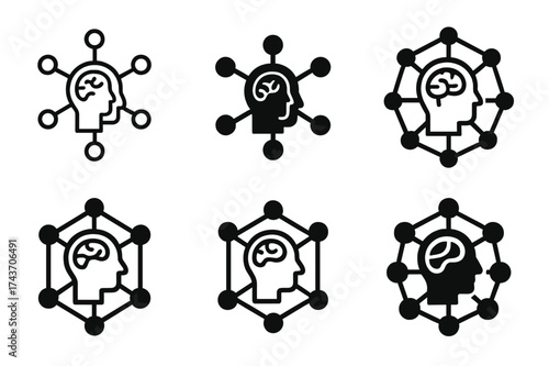 AI Ethics Logos. Ethical AI coder collectives. Set Logo of AI ethics: AI ethics network nodes. harmonious logo variations of the same emblematic concept, each