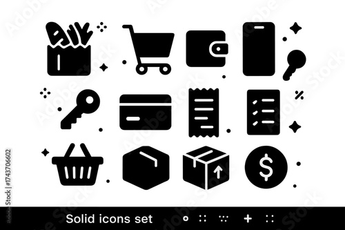 Shopping Icons Set. Shopping & Errands. Solid icons set of Shopping & Errands: Grocery Bag, Shopping Cart, Wallet, Mobile Phone, Key, Credit Card, Receipt,