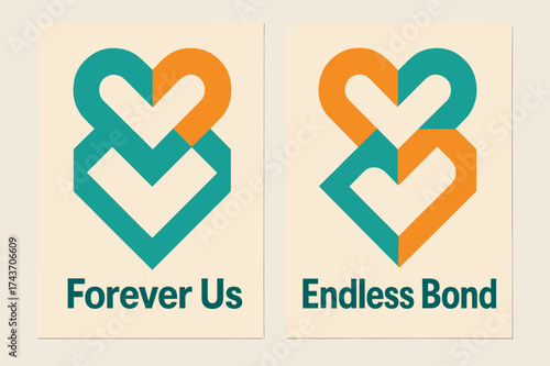 Abstract Heart Banners. Union. Two vertical A6 banners with safe margins, centered composition, no elements touching edges, geometric style, turquoise and