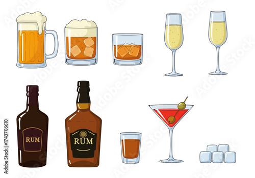 Variety of Alcoholic Drinks Beer, Rum, Martini, and Champagne