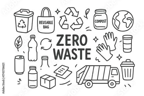 Zero Waste Doodle Icons. Zero waste. Hand-drawn doodle illustration zero waste recycle bin, reusable bag, compost, arrows, bottle, can, glass jar, leaf, paper,