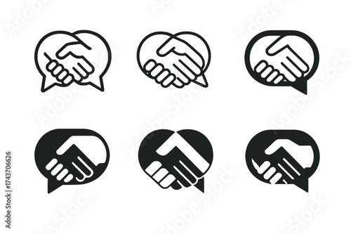 Cross-Border Handshake Logo. International journalism. Set Logo of International journalism: Cross-border handshake over speech bubbles. harmonious logo