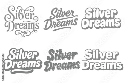 Harmonious Lettering Grid. Silver Dreams. Set lettering. harmonious lettering variations of the same emblematic concept (Whimsical curly type with flourishes,