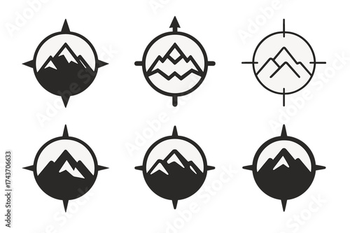 Travel Logo Variations. Wanderlust. Set Logo of Travel: mountain and compass icon. harmonious logo variations of the same emblematic concept, each with