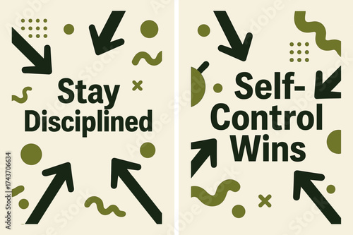 Playful Motivational Banners. Inspiration. Two vertical A6 banners with safe margins, centered composition, no elements touching edges, memphis style, olive