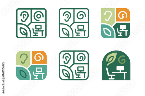 Sensory Workspace Logos. Sensory workspace mapping. Set Logo of Workplace design: workspace layout with sensory zones. harmonious logo variations of the same