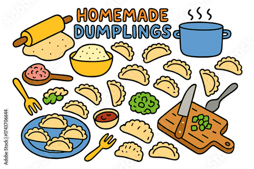 Homemade Dumplings Doodle. Homemade Dumplings. Colorful Hand-drawn doodle Children illustration dumpling, rolling pin, dough, flour bowl, spoon, fork, chopping