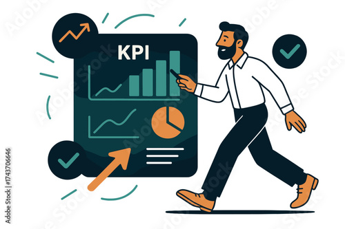 Dynamic KPI Dashboard. Performance tracking. Manager checking glowing dashboard with KPIs and graphs. Floating chart, checkmark, and arrow icons symbolizing