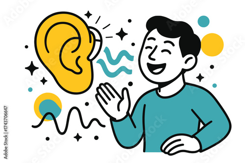 Glowing Ear Device. Hearing aids. A glowing ear device with abstract floating sound waves and sparkles, a smiling character nearby enjoying music and