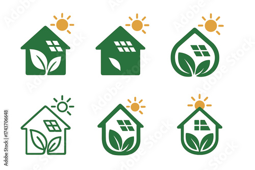 Eco-Friendly Logo Variations. Sustainable living and eco-friendly products. Set Logo of Sustainable living and eco-friendly products: Solar panel home kit.