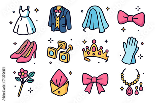 Colorful Wedding Fashion Icons. Wedding fashion. Colorful isometric vector icons set of wedding fashion: wedding dress, groom suit, veil, bow tie, bridal