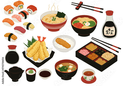 Delicious Japanese Cuisine Variety Sushi, Ramen, Tempura, and Miso Soup